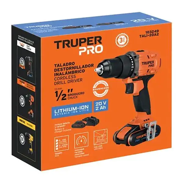Taladro/Destornillador 1/2", 20v, 1 Batería 2ah, Truper Pro